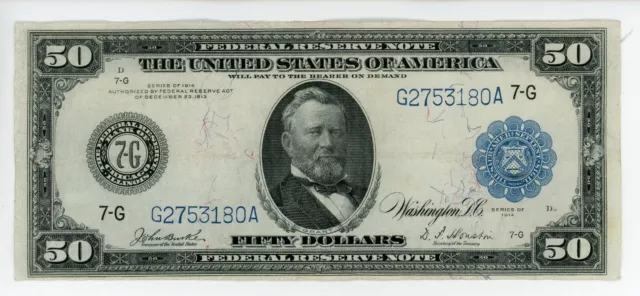1914 $50 Fifty Dollar Large Note Oversized Bill Federal Reserve Chicago Grant