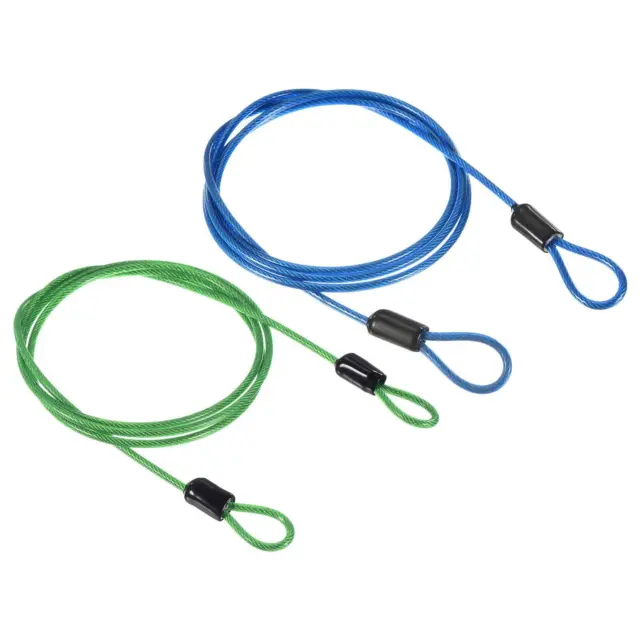 Security Cable 2.5mmx1m Coated Rope w Loop Green,Blue 2Pcs