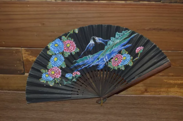 Vintage Oriental Hand Painted Folding Fan Floral Mountain