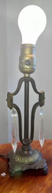 VTG Cast Iron And Brass French Style Lamp With Crystals Dangle Tested No Shade