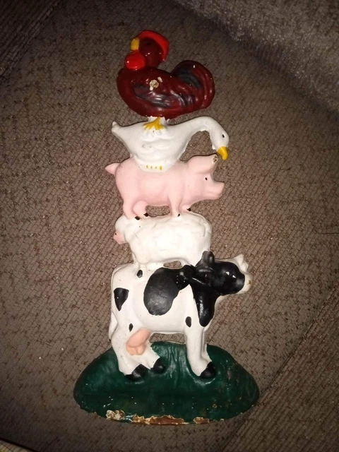 Cast Iron Door Stop. Farm Animals Stacked Rooster, Swan, Pig, Lamb, Cow
