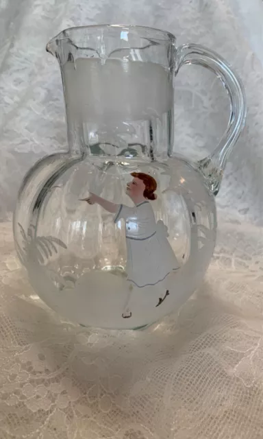 Unusual Mary Gregory Melon Shaped Clear Glass Pitcher, Little Girl in Landscape 