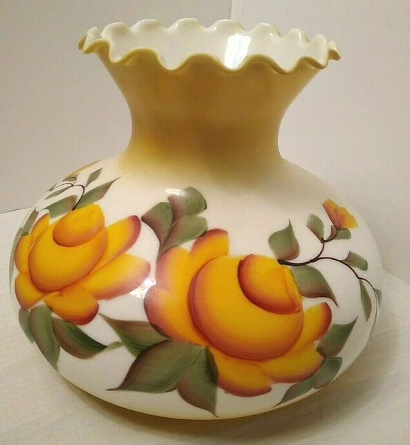 Vintage Ruffled Yellow Rose Floral Glass Hurricane Oil Lamp Shade GWTW 7" Fitter