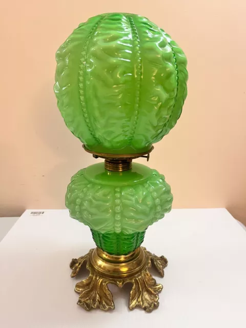 Antique Rare Pittsburgh Beaded Drape Bright Green Cased Glass Gwtw Oil Lamp 16"