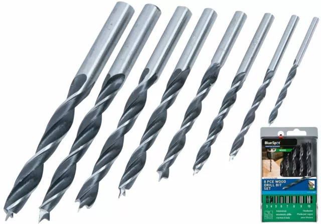 BlueSpot 8pc Brad Point Wood Drill Bit  Set 3, 4, 5, 6, 7, 8, 9 & 10mm Bits