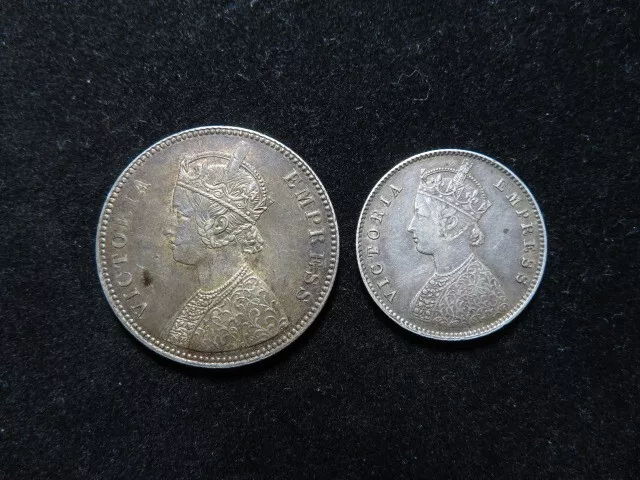 India, British Colonial Queen Victoria Silver Rupee 1885 & Half Rupee 1886