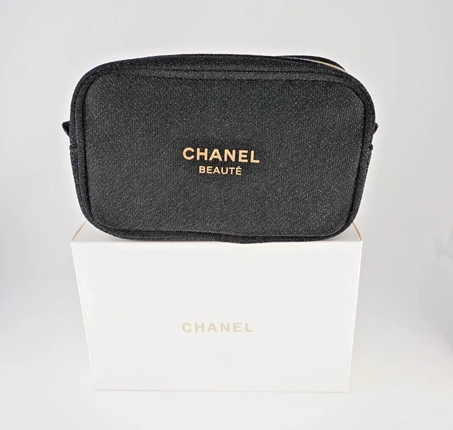 CHANEL, Bags, Chanel Beaute Logo Cosmetic Pouch Canvas Black Gold 8my20