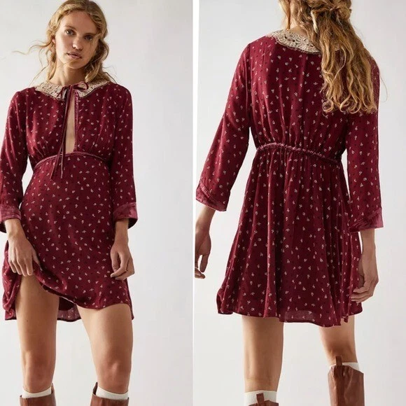 NWOT Women $128 FREEPEOPLE Delfina Mini DressVelvet Trim Peter Pan Collar Small