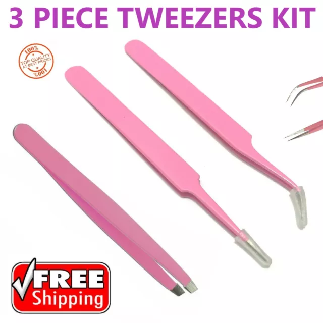 3 Pcs Tweezers Kit/Set, Eyelash Hair Extension Curved And Straight Pointed Tip