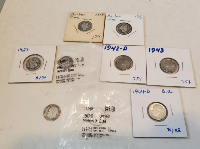 Mixed Lot 9 Silver Dimes - Barber Mercury Roosevelt - Assorted Years Conditions