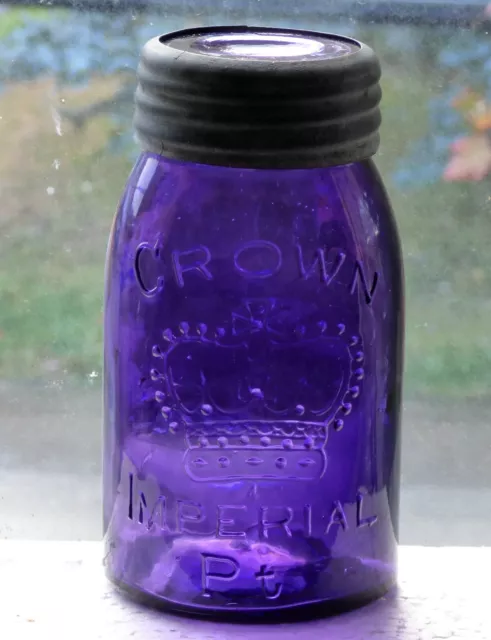 Antique midget imperial pint size 'CROWN' deep purple fruit jar FREE SHIPPING!