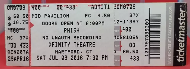 USED PHISH Concert Ticket Stub Xfinity Theatre Hartford Ct Conn July 9 2016