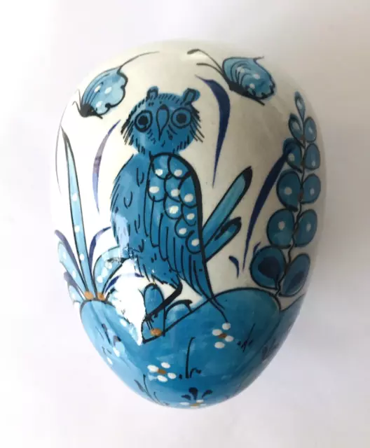 Talavera Pottery Egg Shaped Trinket Box Hand Painted Blue Owl Signed JAH Mexico