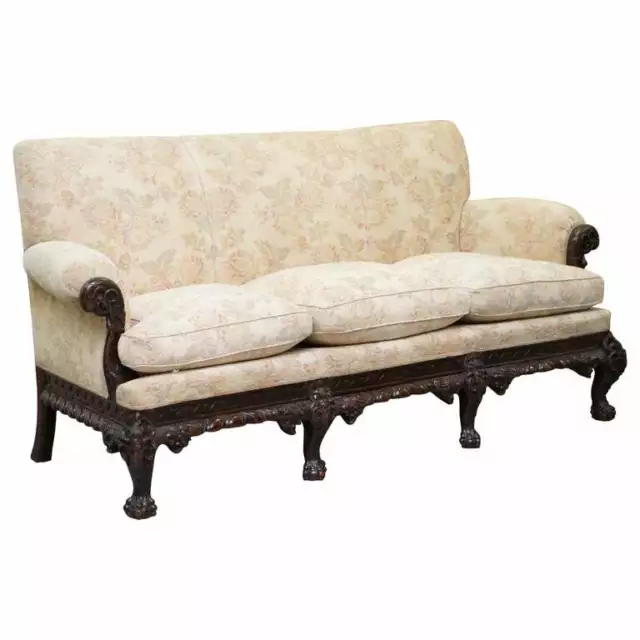 Rare 19Th Century Hand Carved Mahogany Hawk Claw & Ball Feet Library Study Sofa