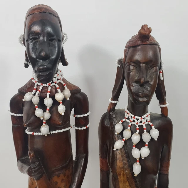Lot of 2 Wooden Hand Carved Fertility Woman AFRICAN TRIBAL FIGURES With Jewelry