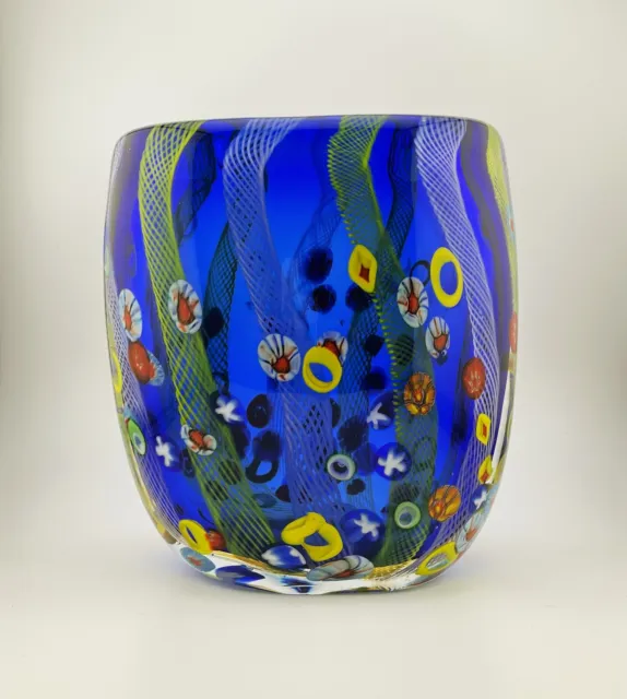 New In Box Millefiori Cobalt Blue Pulled Feather Sea Heavy Art Glass Vase 7”