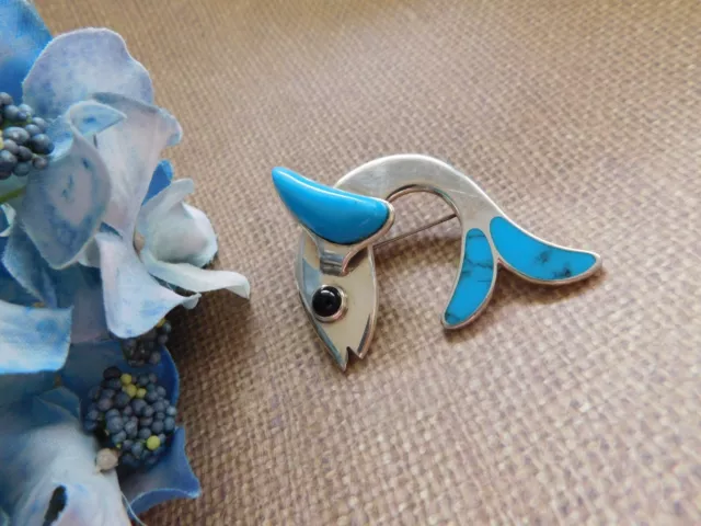 NEW Mexican Taxco Sterling Silver 925 Fish Pin Pendant Turquoise