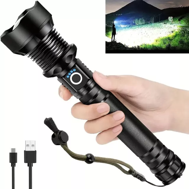 Super Bright 25000000LM Powerful Flashlight XHP90.2 Rechargeable Zoom LED Torch