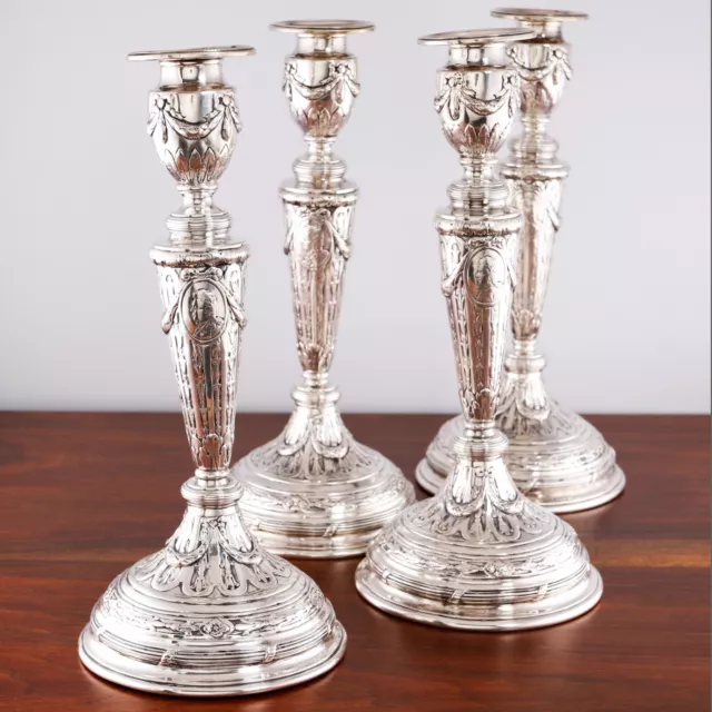 4 GEORGE ROTH GERMAN HANAU 800 SOLID SILVER CANDLESTICKS TASSELS, SWAGS c.1890S