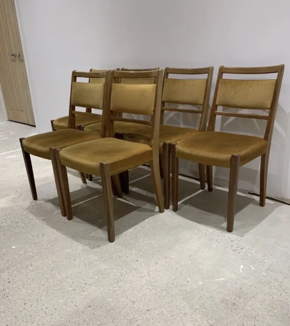 6 McIntosh Mid Century Teak Dining Chairs, Burnished Gold Original Upholstery