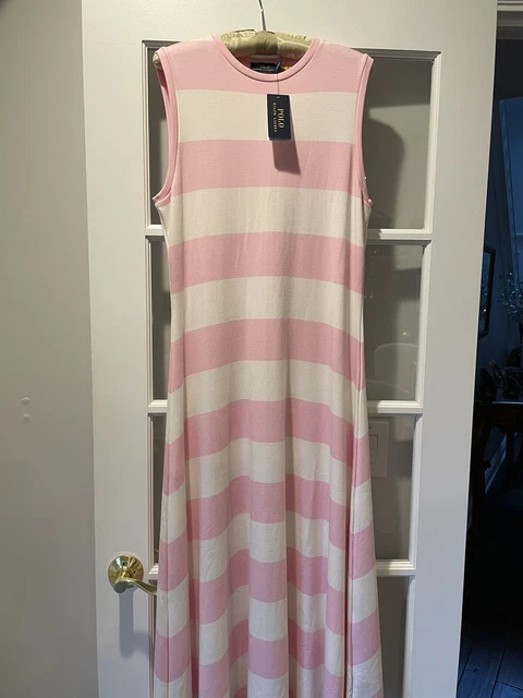 Ralph Lauren Polo Rugby Stripe Maxi Dress Pink & White  Sz XL