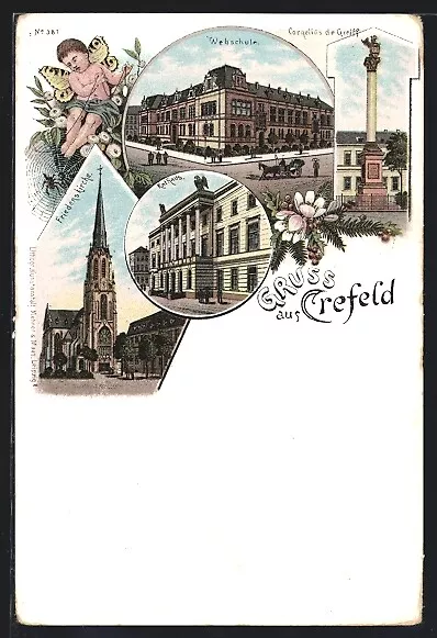 Lithographie Crefeld, Webschule, Cornelius de Greiff-Denkmal, Friedenskirche, R