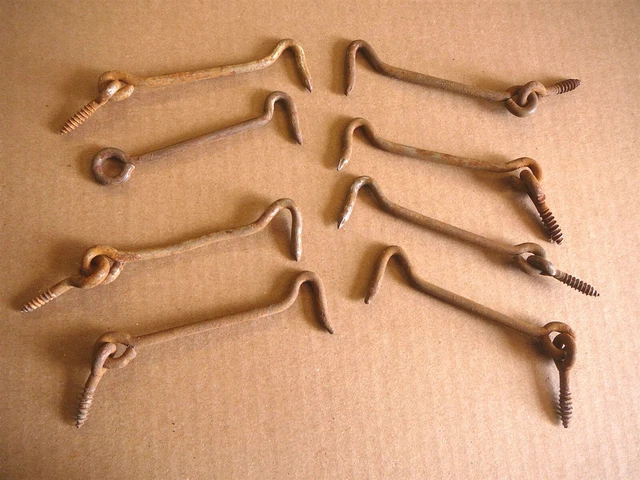 LOT of 8 - VINTAGE ANTIQUE 4" METAL GATE HOOKS with SCREW EYES BARN SHED DOOR