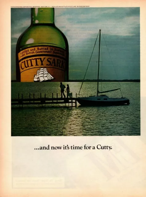 1975 Cutty Stark 86 Proof Blended Scotch Whisky Sailboat Moonlight Pier Print Ad
