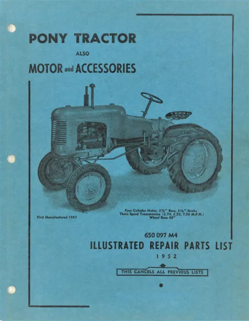 1952 Massey Harris Pony Tractor Motor Accessories Repair Parts Catalog Manual