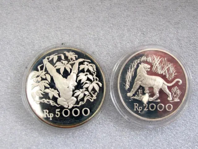 1974 Indonesia silver coin 2000-5000 Rupiah Javan Tiger  Orangutan Proof