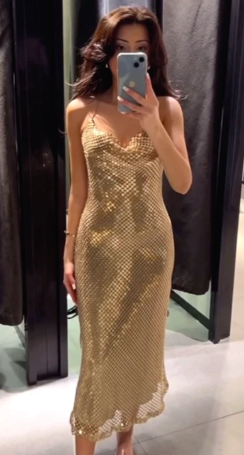 ZARA MESH SLIP Midi Dress Gold Metallic Size XS Extra Small 3527/481 New  79.95 - PicClick UK