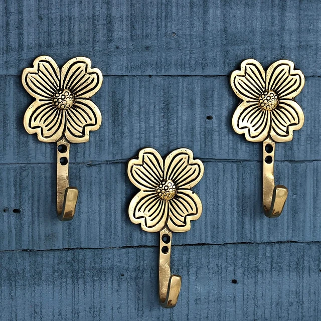 Brass Antique Finish Flower Wall Hooks For Hanging Coats Keys Towel Set Of 3
