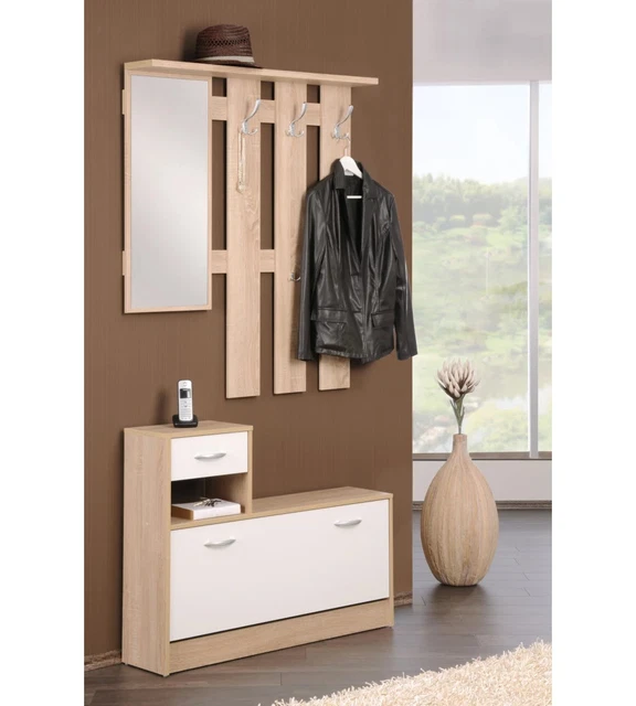 HOMCOM Set Ingresso 3pz Con Scarpiera, Appendiabiti E Specchio Bianco E