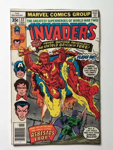 THE INVADERS #22 VF  MARVEL COMICS 1977 BRONZE AGE - Origin of Toro