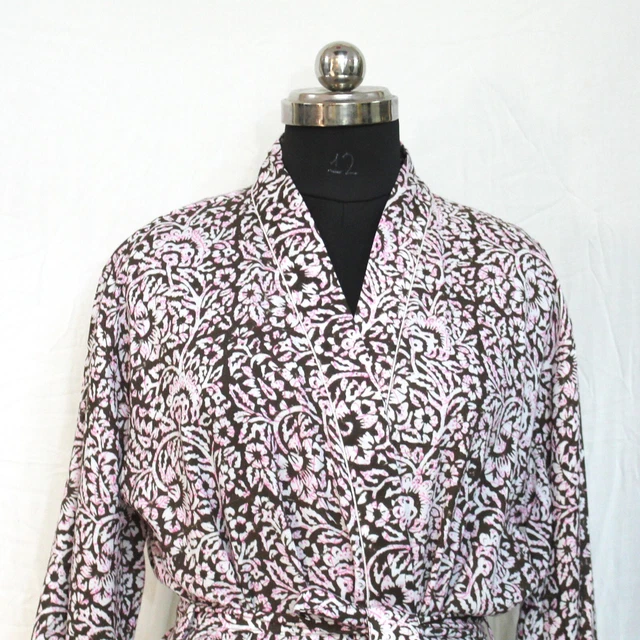 Indian Handmade Floral Print Kimono, Hand Block Print Nightwear & Bathrobe Dress