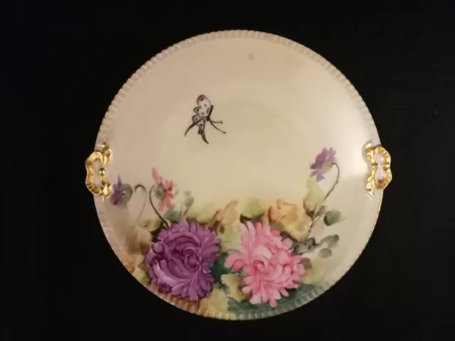 Bavarian Hand Painted Butterfly and Flower Gold  Signed D Barada Porcelain Plate