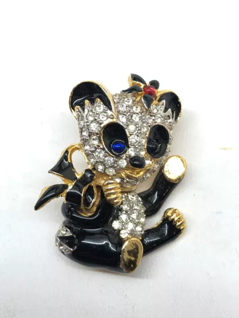 Vintage Panda Bear pin brooch Black enamel gold tone rhinestones unsigned