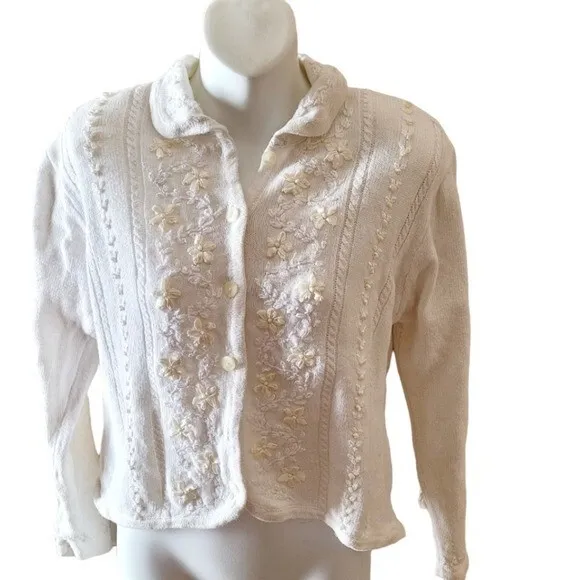 Worthington Vintage Ribbon Embroidered White Cable Knit Crop Cardigan Sweater