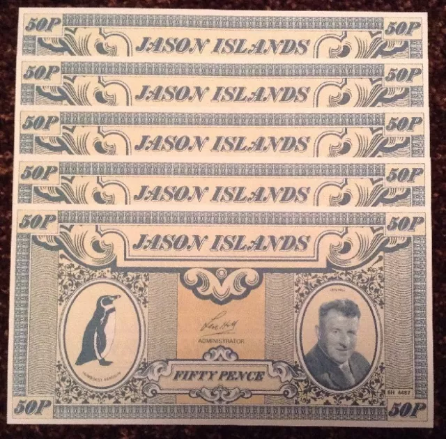 Lot Of 5 X Jason Island Banknotes. 50p. Uncirculated. Dated 1979.