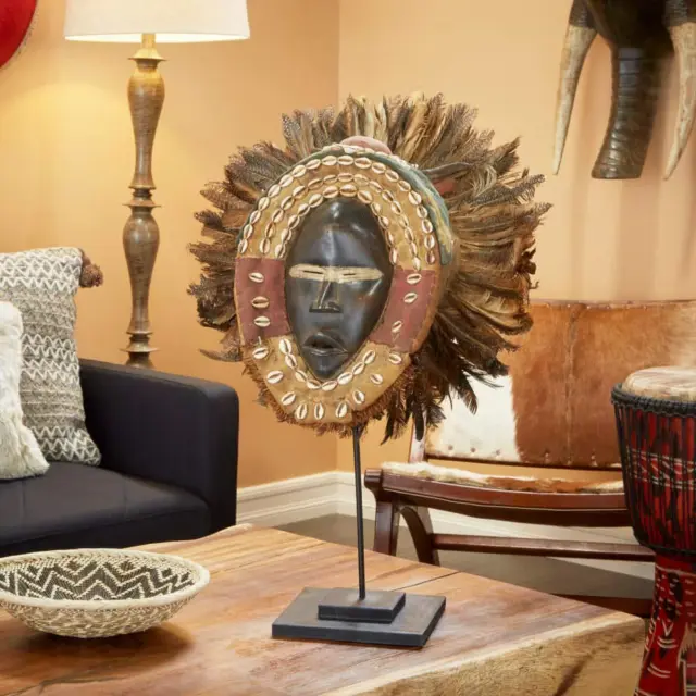 Hand-Carved Dan African Tribal Mask on Display Stand Baobab Wood Feathers Shells