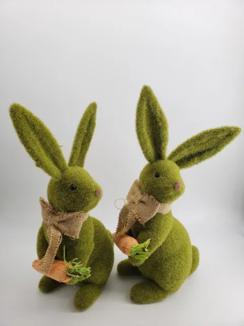Flocked Moss Green Large Rabbit Set of Two, Bunnies with Carrot