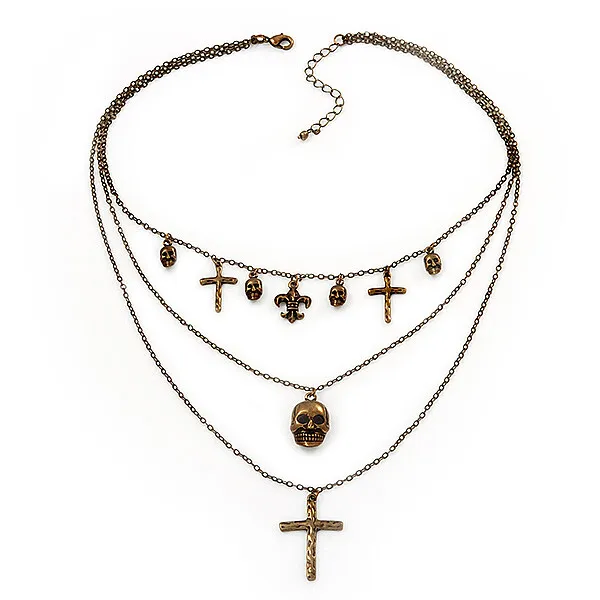 3-Strang 'Schädel & Kreuz' gotische Halskette in Bronzeton Metall - 52 cm Länge