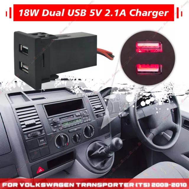 Auto Daul USB-A Ladegerät Buchse Rot Licht Steckdose für VW Transporter T5 03-10