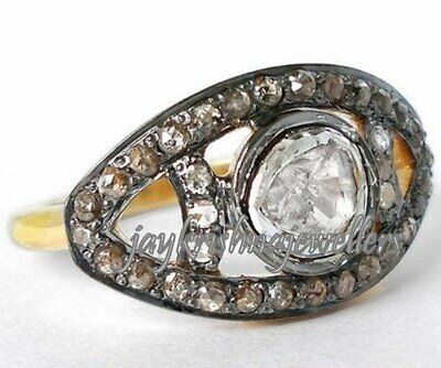 925 Sterling Silver Polki Gold Plate Ring, Pave Diamond Handmade Victorian Rings