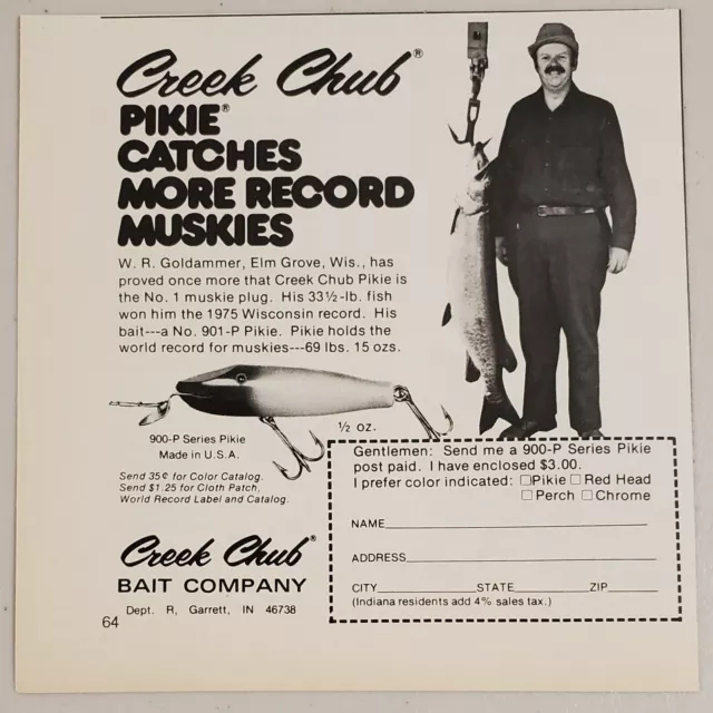 1976 Print Ad Creek Chub Pikie Fishing Lures Record Muskies Garrett,Indiana