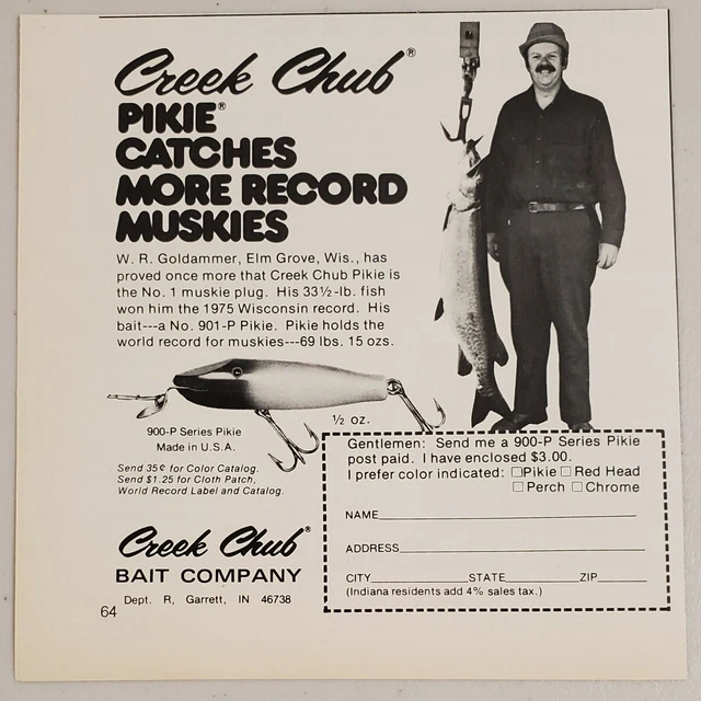1976 Print Ad Creek Chub Pikie Fishing Lures Record Muskies Garrett,Indiana
