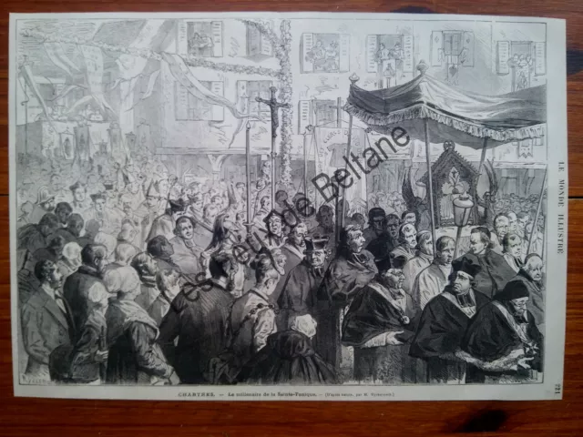 CHARTRES MILLENAIRE DE LA SAINTE TUNIQUE   gravure 1876 antique print