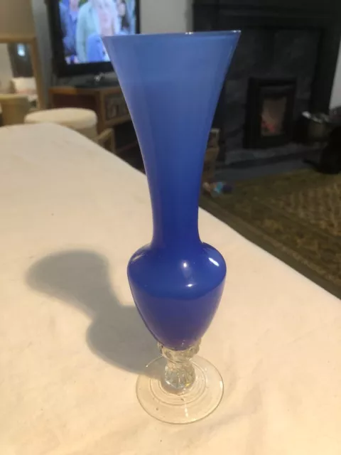 empoli italian? art glass light blue inner cased white vase with clear stem/foot