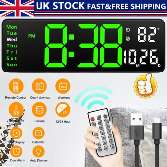 13" LED Digital Wall Clock Temperature Date Day Display USB Remote Control UK
