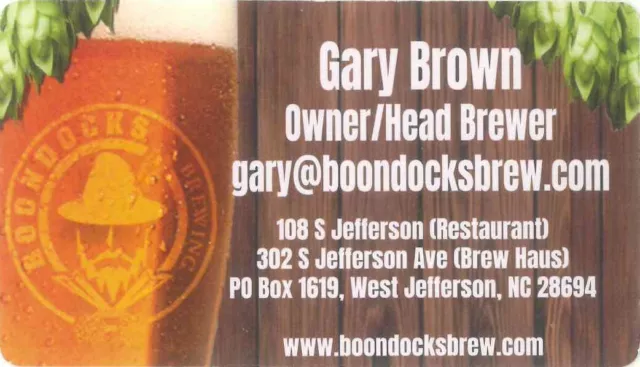 Business Card:  Boondocks Brewing (beer) (West Jefferson, NC USA)